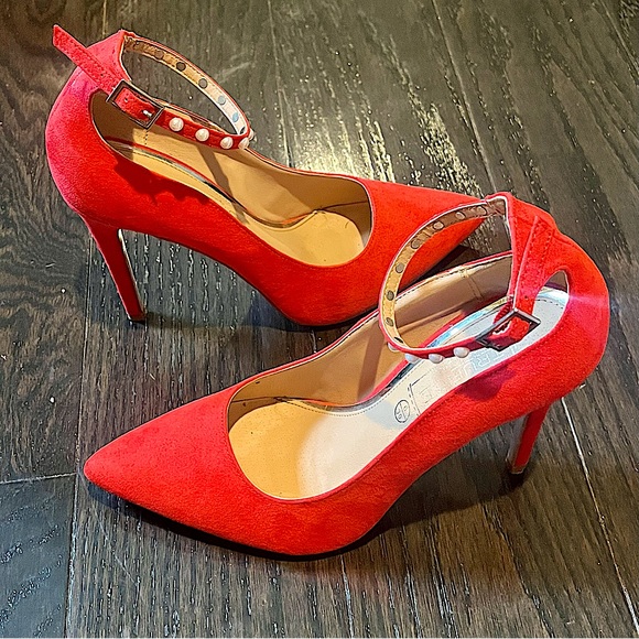 Nasty Gal Truffle Collection Red Pointed Toe Heels w/ Pearl Studded Ankle Straps - Picture 13 of 16